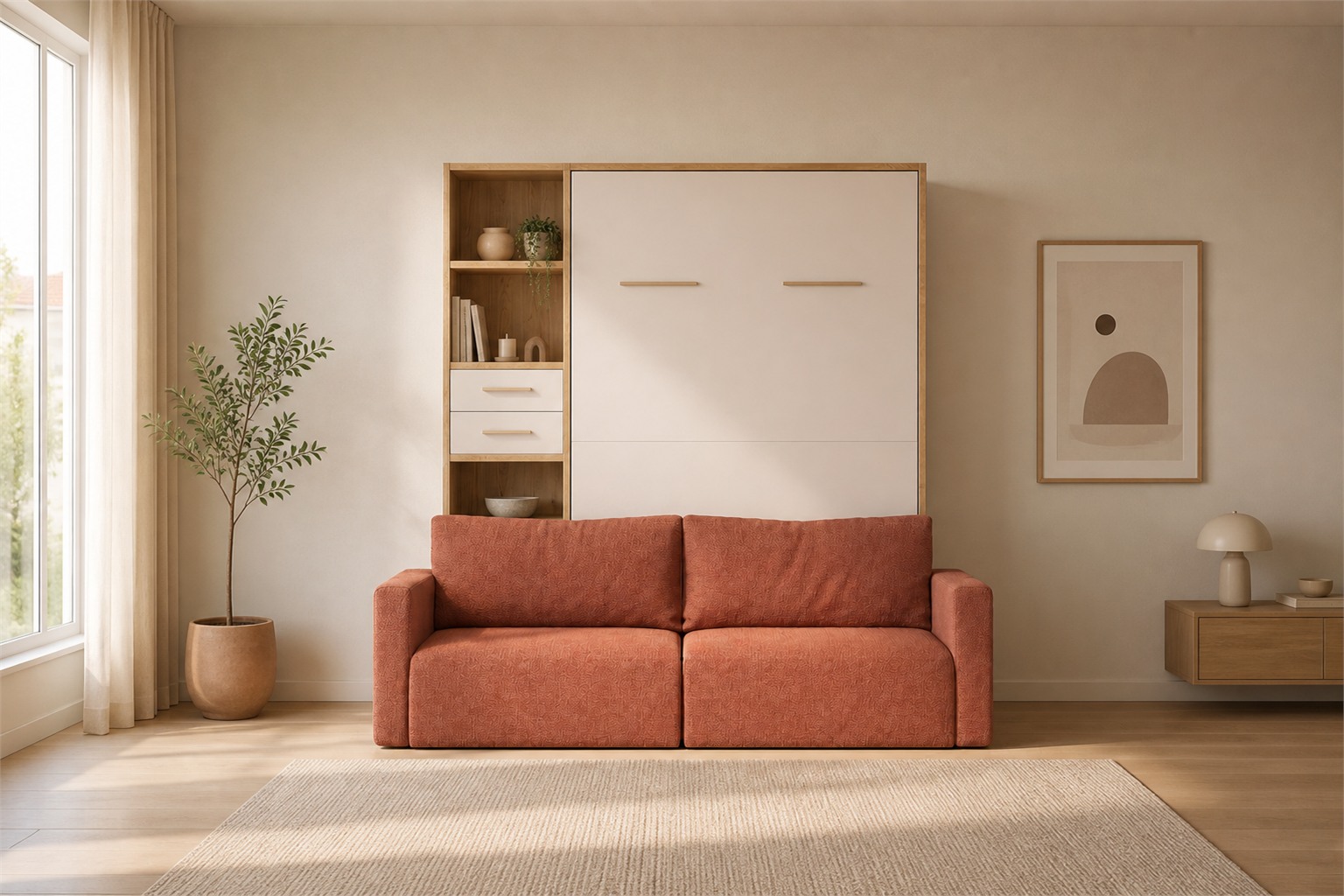Cama abatible con estantería y sofá