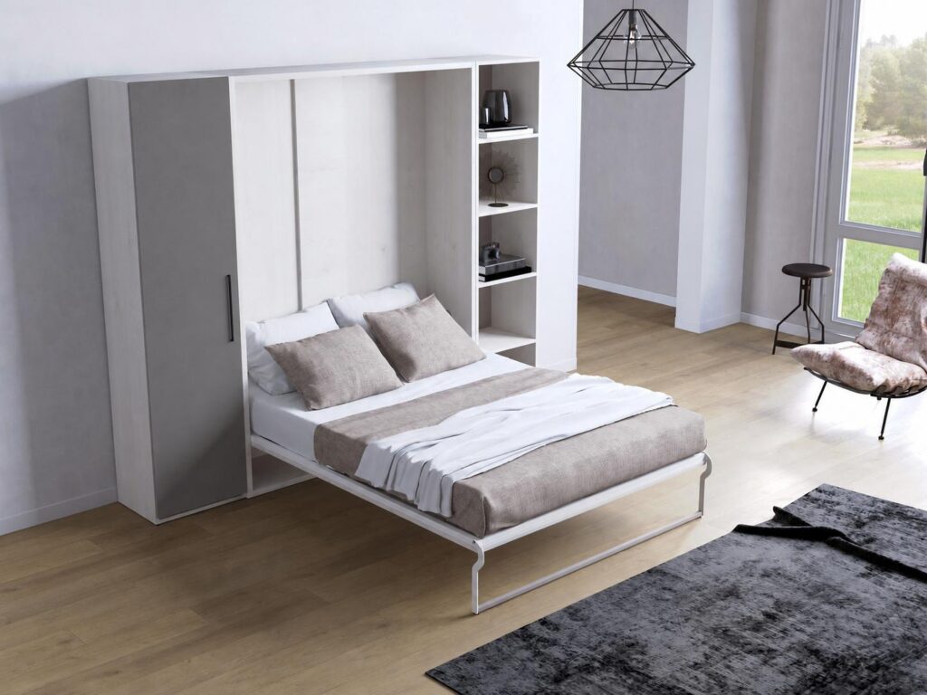 Cama abatible vertical con armario y estantería abierta en Gris Tormenta