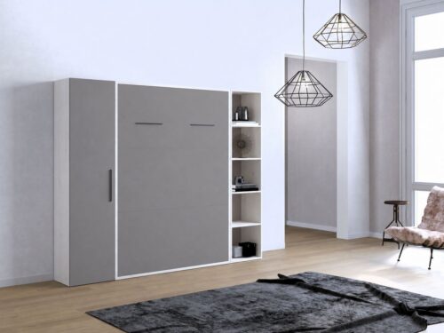 Cama abatible vertical con armario y estantería cerrada en Gris Tormenta