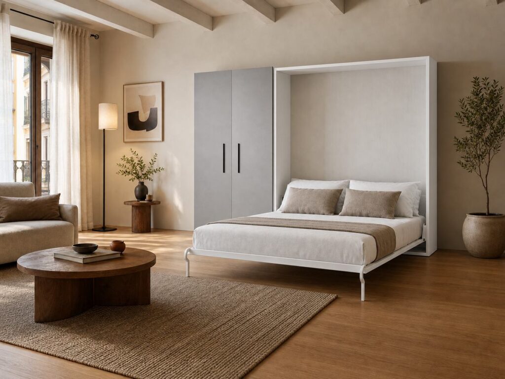 Cama abatible vertical con armario abierta en gris claro con estructura blanca y tiradores negros ALUA