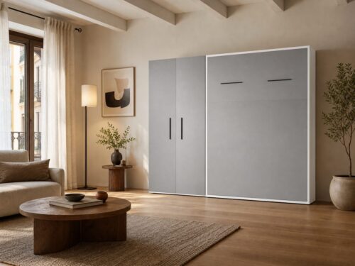 Cama abatible vertical con armario cerrada en gris claro con estructura blanca y tiradores negros ALUA