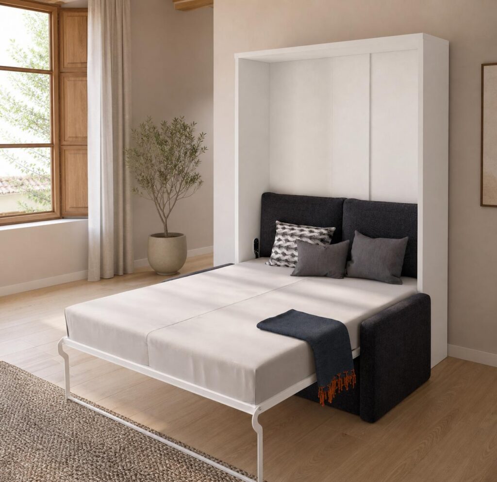 Cama abatible vertical con sofá abierta con cama desplegada en salón contemporáneo