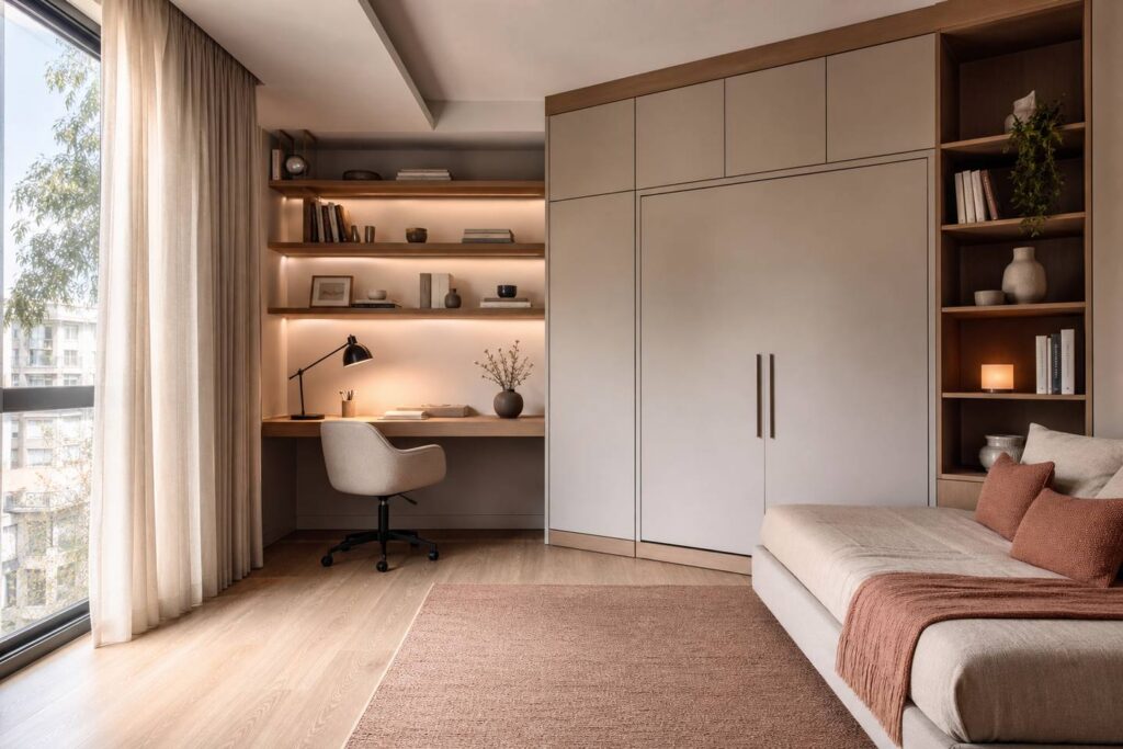 Cuarto multifuncional con escritorio integrado y cama abatible pensado como despacho y habitación de invitados