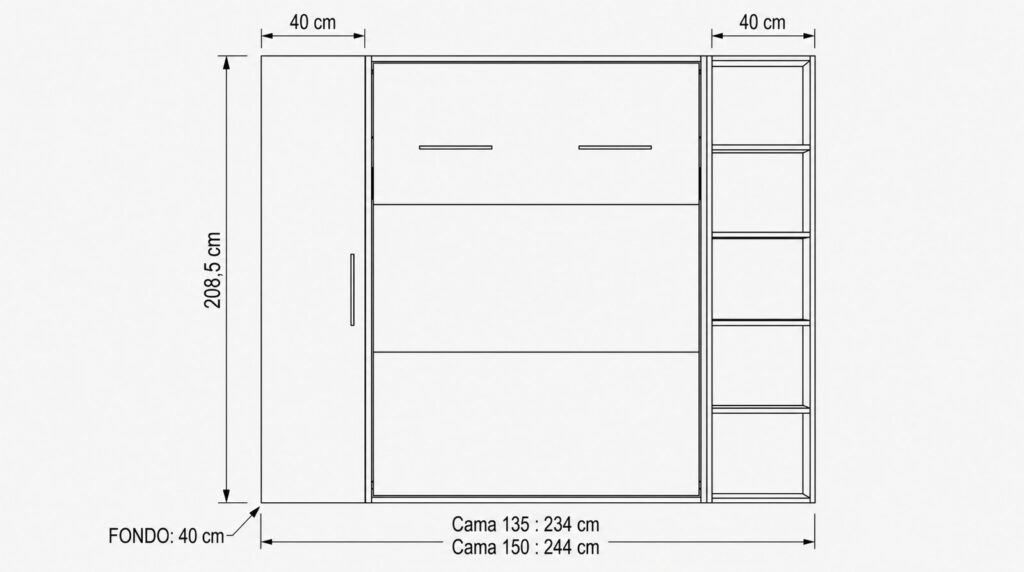 Cama abatible vertical con armario y estantería - Dimensiones 1