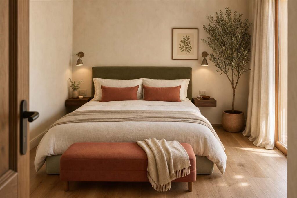 Dormitorio de matrimonio pequeño con cama vestida, mesillas suspendidas y distribución ligera