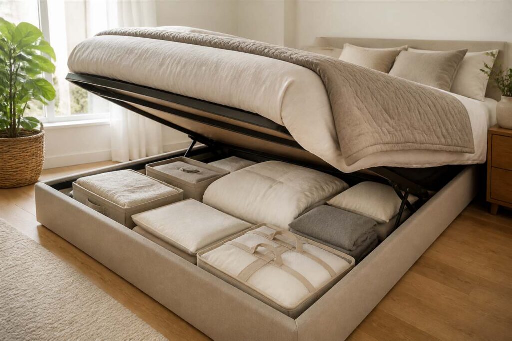Canapé abatible abierto y organizado con ropa de cama, almohadas y cajas textiles