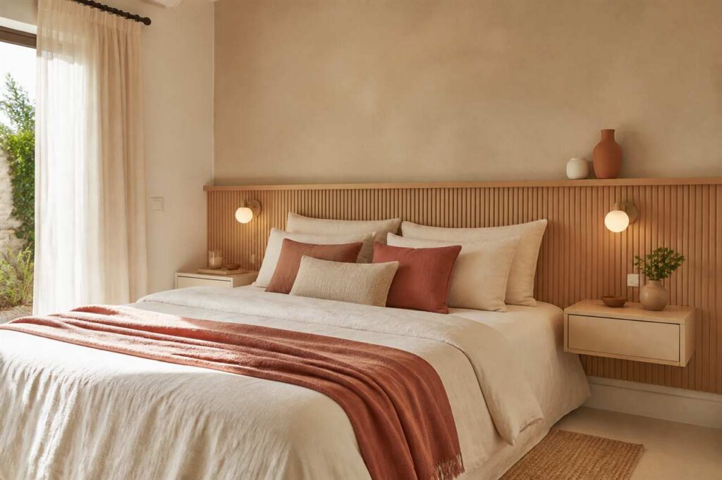 Dormitorio pequeño con cabecero bajo de listones de madera, cama vestida y mesitas suspendidas