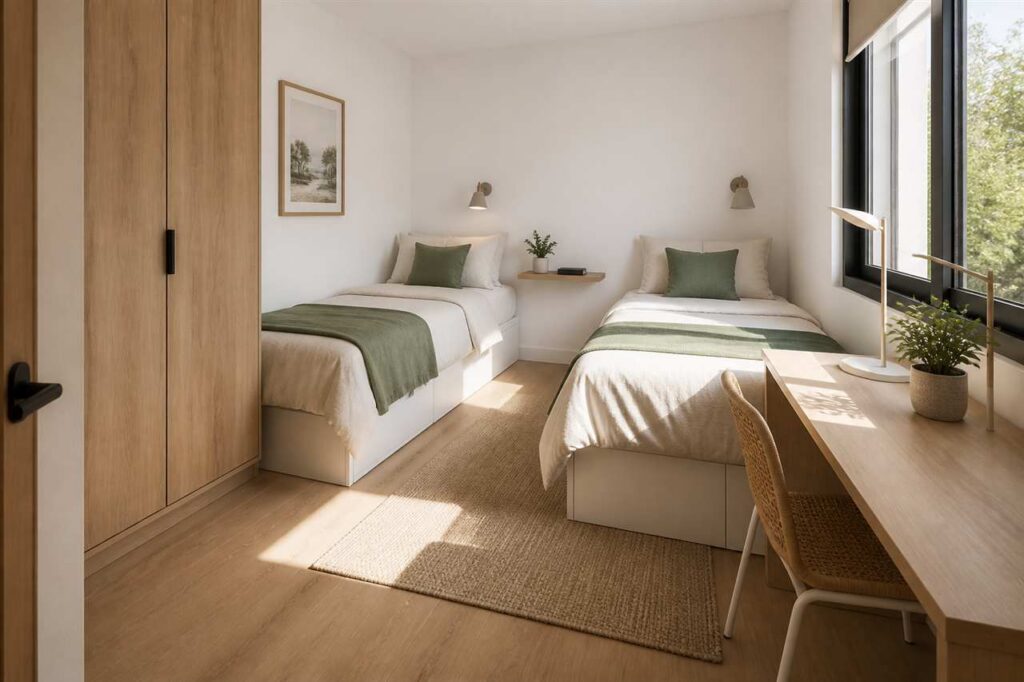 Habitación pequeña con dos camas individuales vestidas, armario y escritorio con paso central despejado