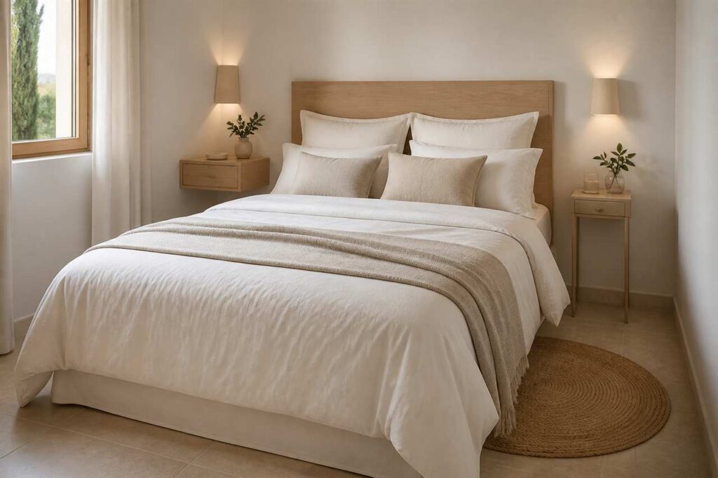 Dormitorio pequeño con mesita de noche suspendida y mesita estrecha junto a una cama vestida