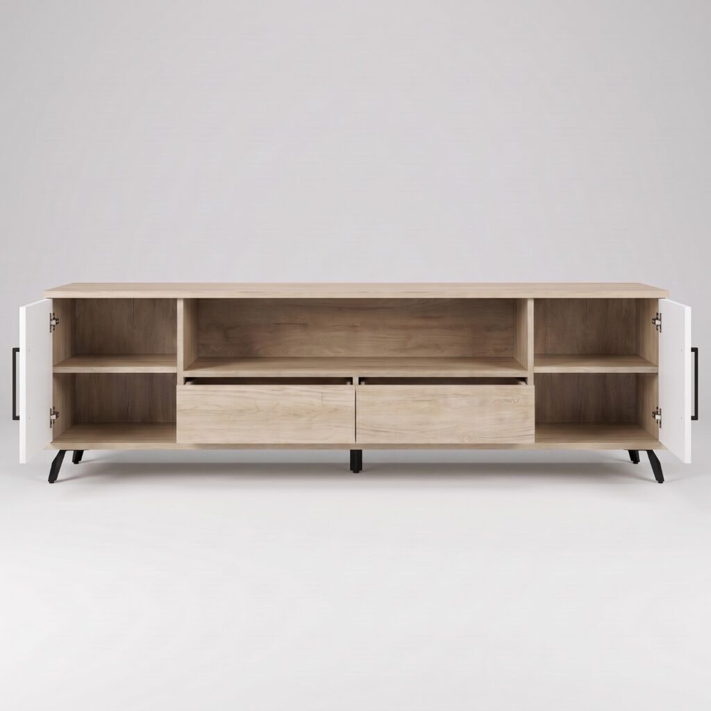 Mueble TV ALUA de 2 puertas y 2 cajones abierto