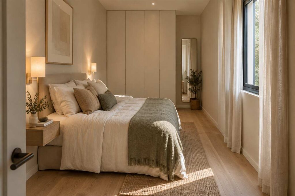 Dormitorio alargado y estrecho con cama vestida, armario al fondo y pasillo lateral despejado